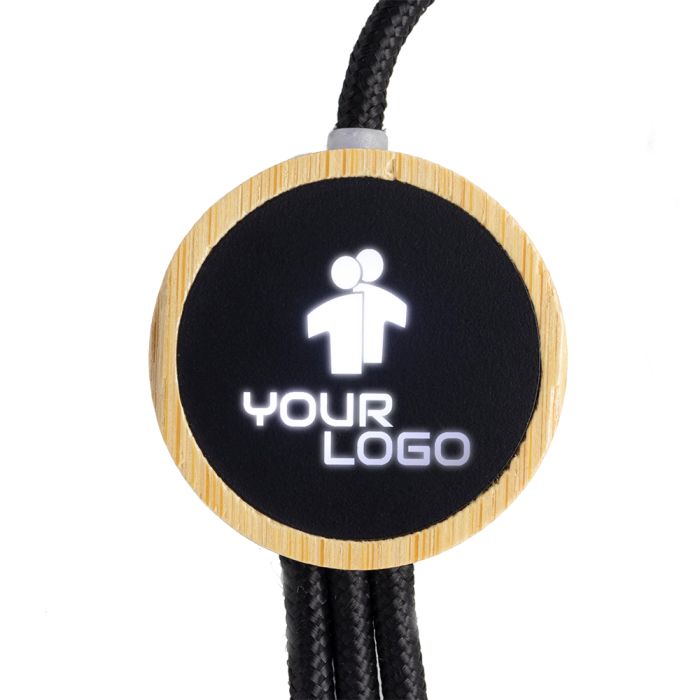 3-in-1 cable with illuminated logo in a wooden casing, LH-ZMU06