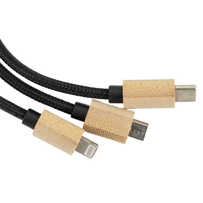 3-in-1 cable with illuminated logo in a wooden casing, LH-ZMU06