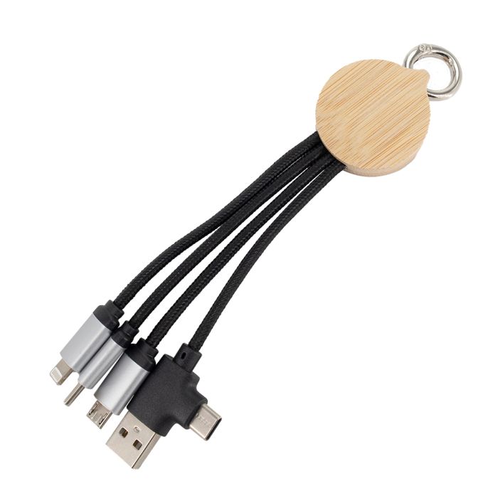 4-in-1 cable with illuminated logo in a wooden casing, LH-ZMU05