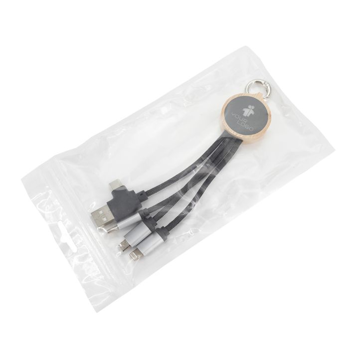 4-in-1 cable with illuminated logo in a wooden casing, LH-ZMU05