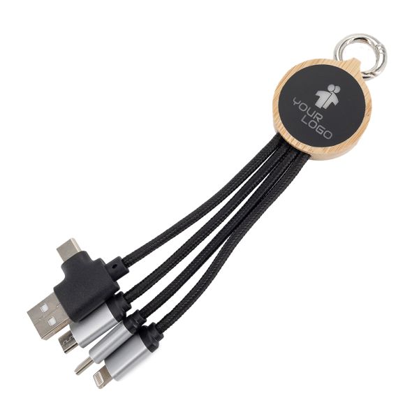 4-in-1 cable with illuminated logo in a wooden casing, LH-ZMU05