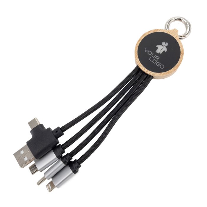 4-in-1 cable with illuminated logo in a wooden casing, LH-ZMU05