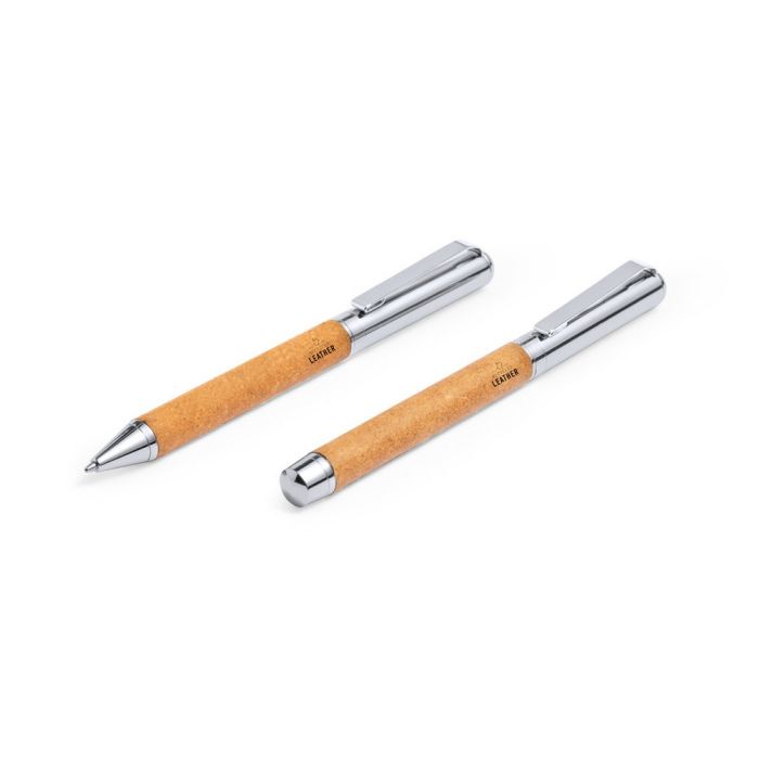 Recycled leather writing set, ball pen and roller ball pen
