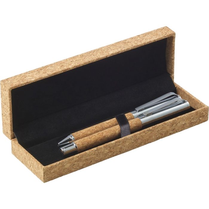 Cork writing set, ball pen and roller ball pen