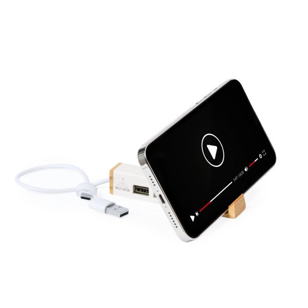 USB and USB-C hub made from recycled milk cartons, phone stand