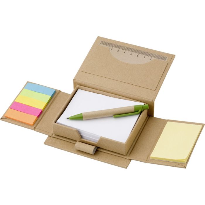 Memo holder, notebook, sticky notes, ball pen, ruler