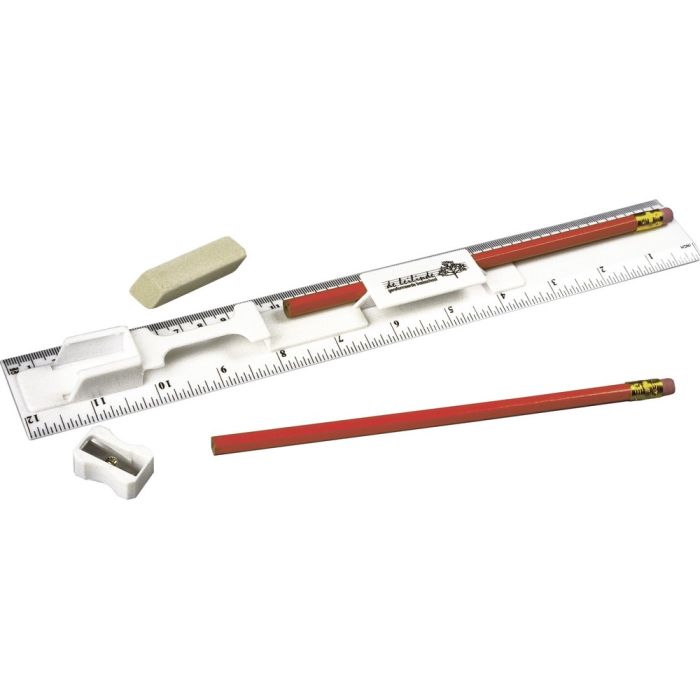 Ruler, 2 pencils, pencil sharpener and eraser