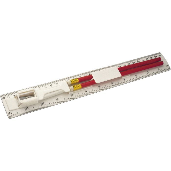 Ruler, 2 pencils, pencil sharpener and eraser