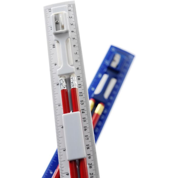 Ruler, 2 pencils, pencil sharpener and eraser