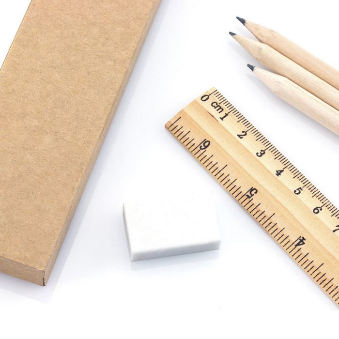 School set, pencil case, 3 pencils, ruler, eraser and pencil sharpener