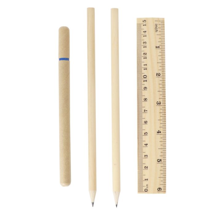 School set, pencil case, 2 pencils, ball pen, notebook, ruler, eraser and pencil sharpener