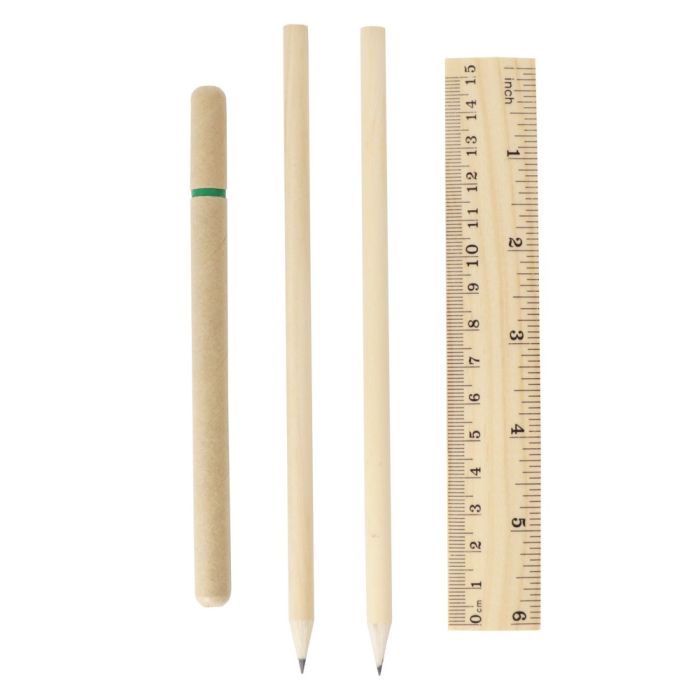 School set, pencil case, 2 pencils, ball pen, notebook, ruler, eraser and pencil sharpener
