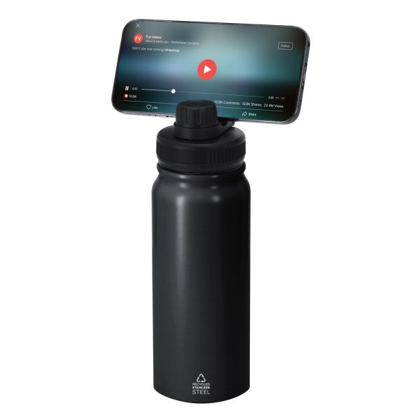 Recycled stainless steel thermo bottle 600 ml, magnetic rotating phone stand